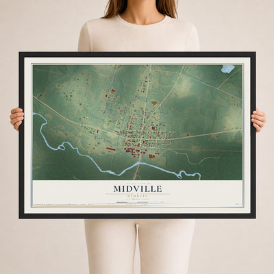 Midville, Georgia map print, 24" x 36" W/ Black Ayous Wood Frame mockup