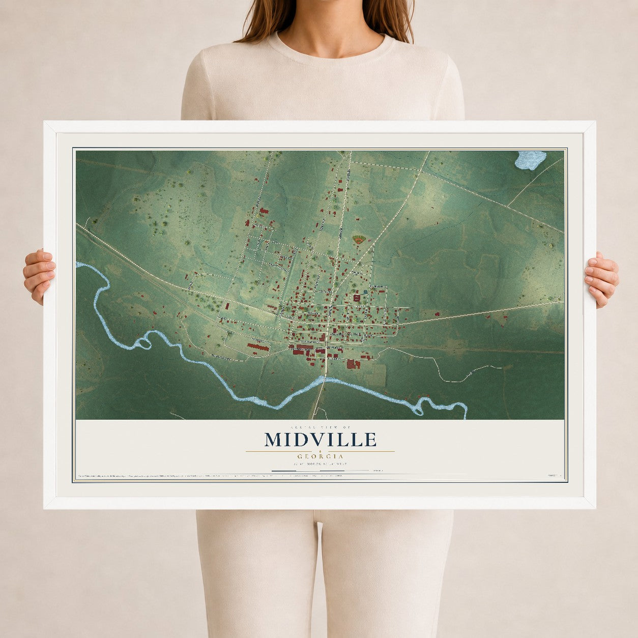 Midville, Georgia map print, 24" x 36" W/ White Ayous Wood Frame mockup