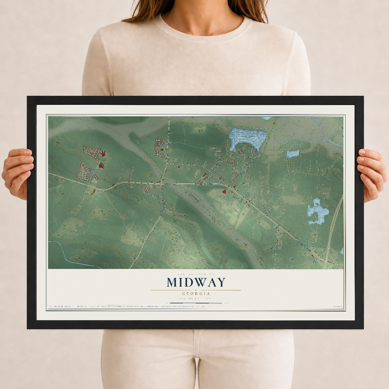 Midway, Georgia map print, 12" x 18" W/ Black Ayous Wood Frame mockup