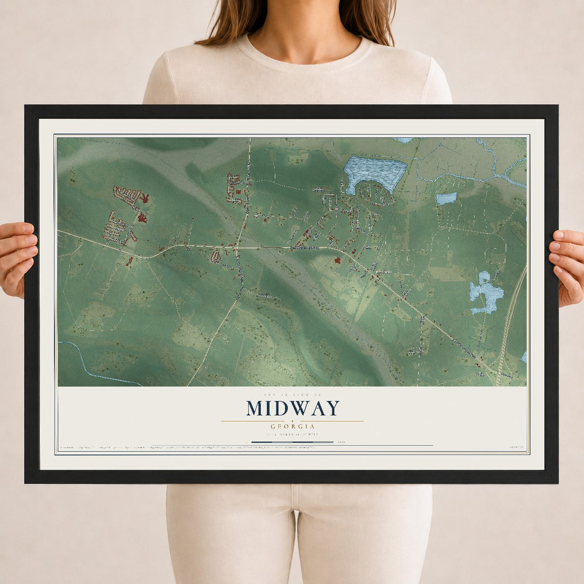 Midway, Georgia map print, 18" x 24" W/ Black Ayous Wood Frame mockup