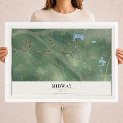 Midway, Georgia map print, 18" x 24" W/ White Ayous Wood Frame mockup