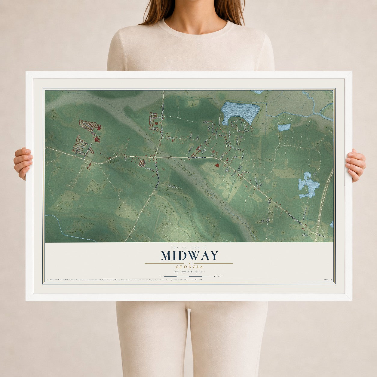 Midway, Georgia map print, 24" x 36" W/ White Ayous Wood Frame mockup