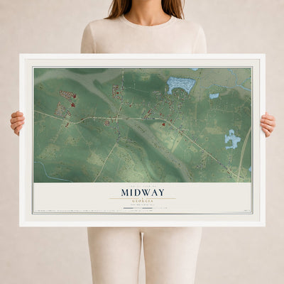 Midway, Georgia map print, 24" x 36" W/ White Ayous Wood Frame mockup
