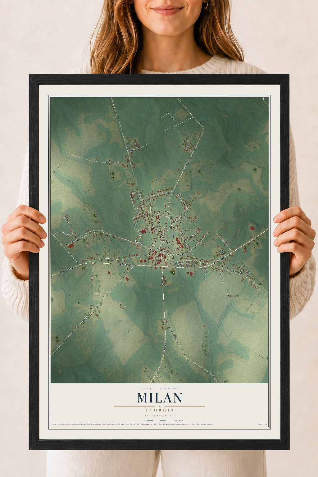 Milan, Georgia map print, 18" x 24" W/ Black Ayous Wood Frame mockup