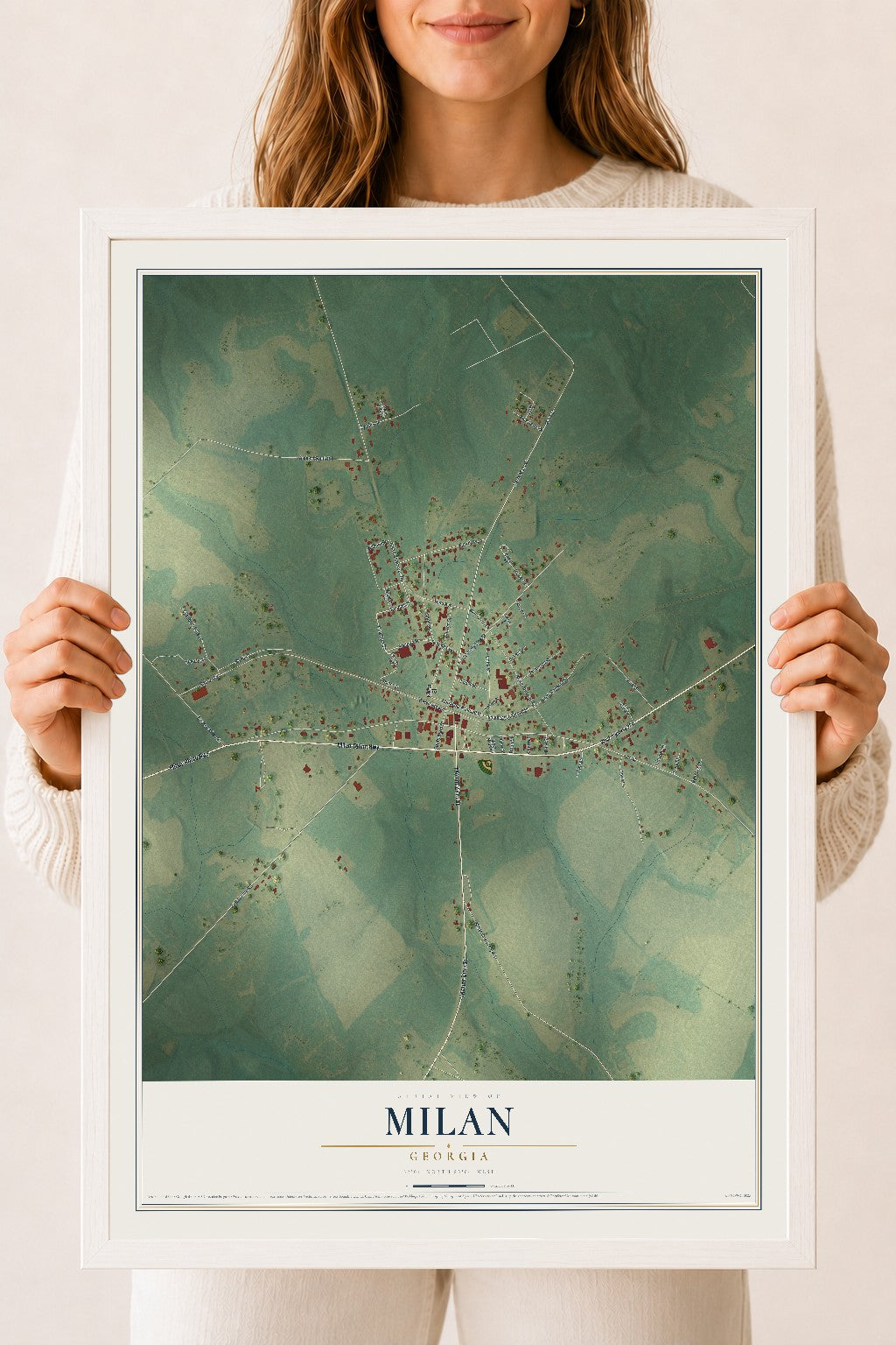 Milan, Georgia map print, 18" x 24" W/ White Ayous Wood Frame mockup
