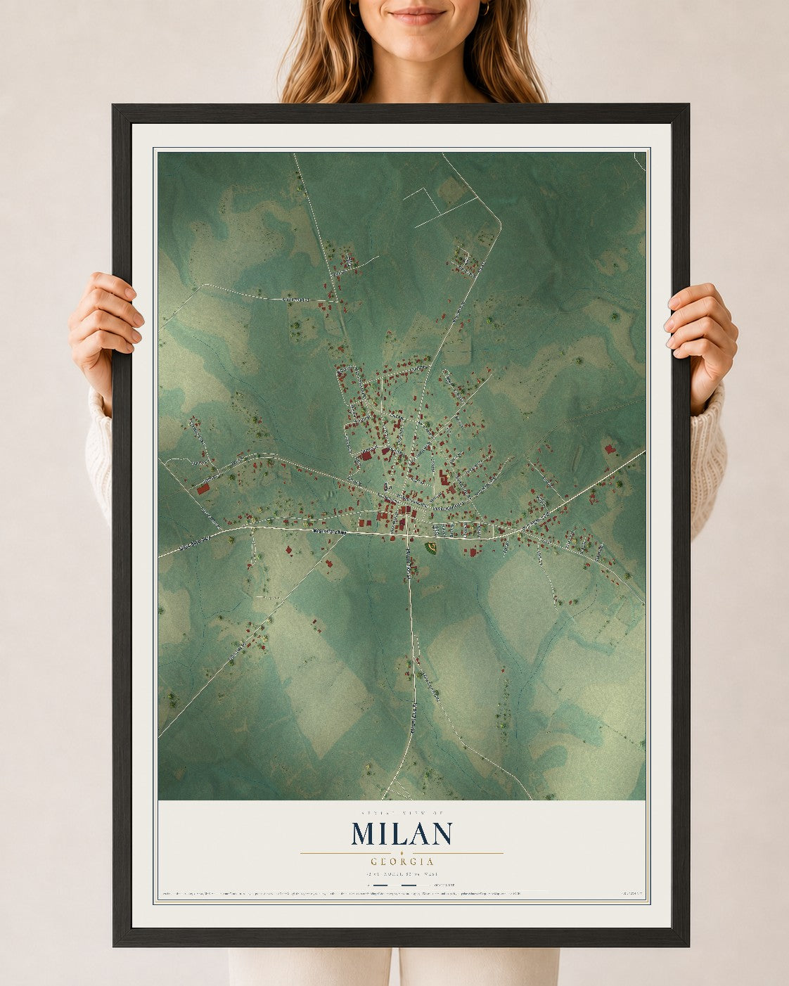 Milan, Georgia map print, 24" x 36" W/ Black Ayous Wood Frame mockup