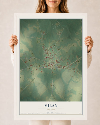 Milan, Georgia map print, 24" x 36" W/ White Ayous Wood Frame mockup