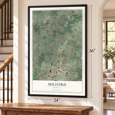 Milford, Georgia map, 24 x 36 inch print in a black frame by a staircase