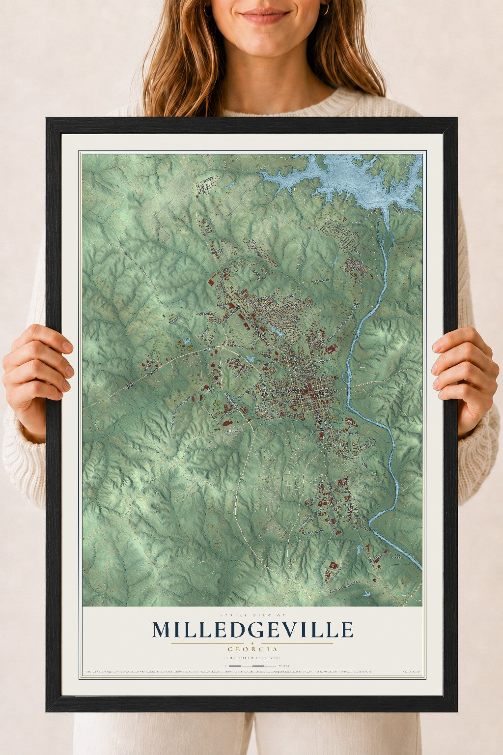 Milledgeville, Georgia map print, 18" x 24" W/ Black Ayous Wood Frame mockup