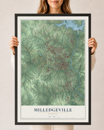 Milledgeville, Georgia map print, 24" x 36" W/ Black Ayous Wood Frame mockup