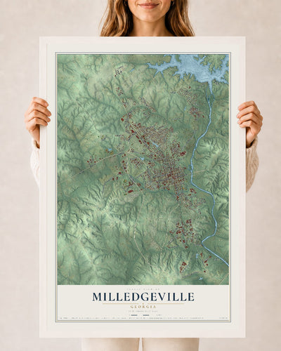 Milledgeville, Georgia map print, 24" x 36" W/ White Ayous Wood Frame mockup