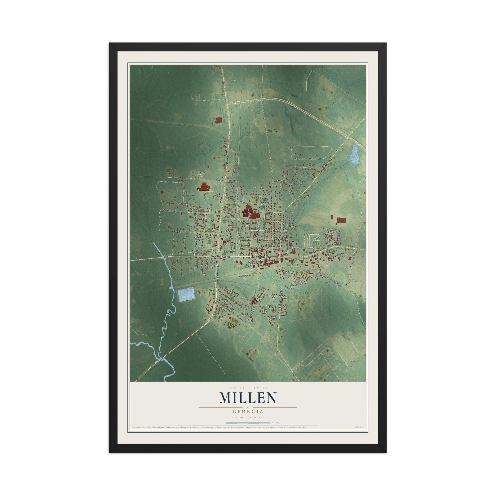 Millen, Georgia map print, 12" x 18" W/ Black Ayous Wood Frame mockup