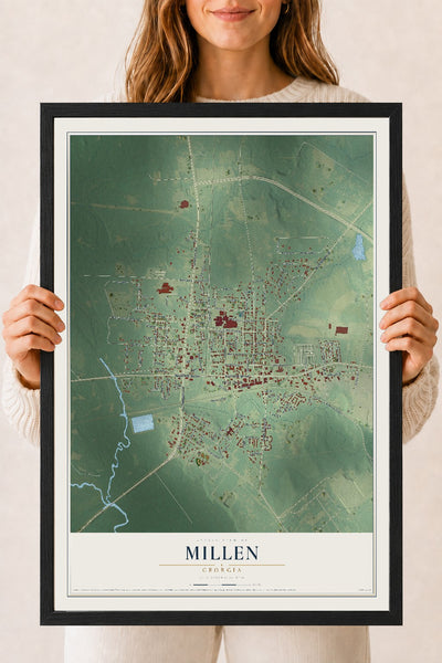 Millen, Georgia map print, 18" x 24" W/ Black Ayous Wood Frame mockup