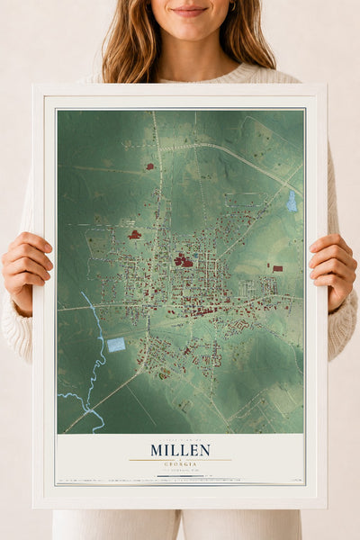 Millen, Georgia map print, 18" x 24" W/ White Ayous Wood Frame mockup
