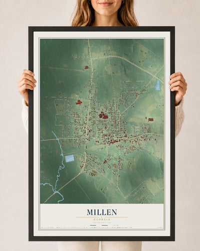 Millen, Georgia map print, 24" x 36" W/ Black Ayous Wood Frame mockup