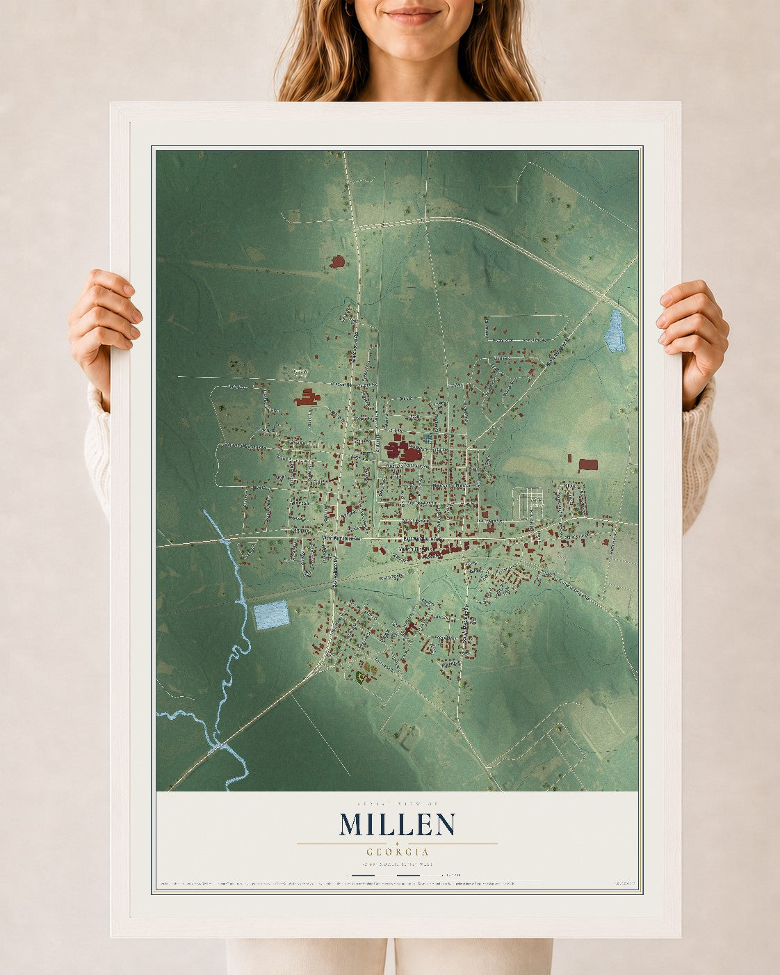 Millen, Georgia map print, 24" x 36" W/ White Ayous Wood Frame mockup