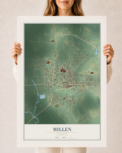 Millen, Georgia map print, 24" x 36" W/ White Ayous Wood Frame mockup