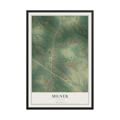 Milner, Georgia map print, 12" x 18" W/ Black Ayous Wood Frame mockup
