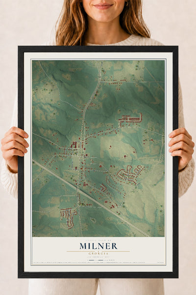 Milner, Georgia map print, 18" x 24" W/ Black Ayous Wood Frame mockup