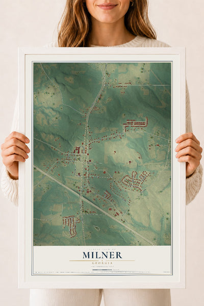 Milner, Georgia map print, 18" x 24" W/ White Ayous Wood Frame mockup