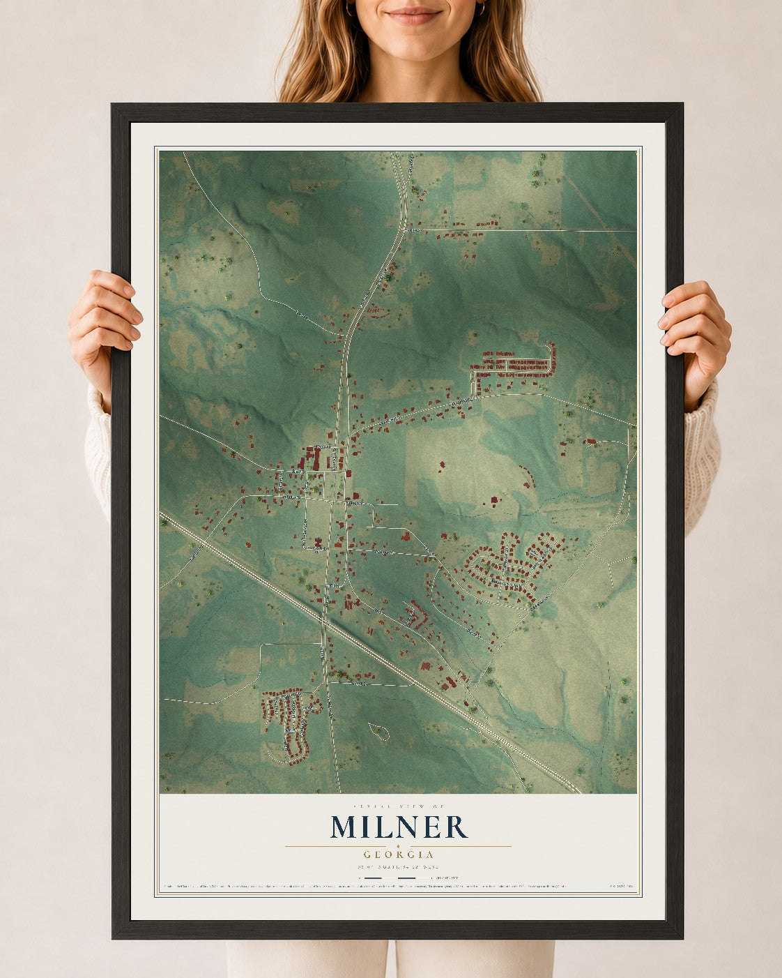 Milner, Georgia map print, 24" x 36" W/ Black Ayous Wood Frame mockup