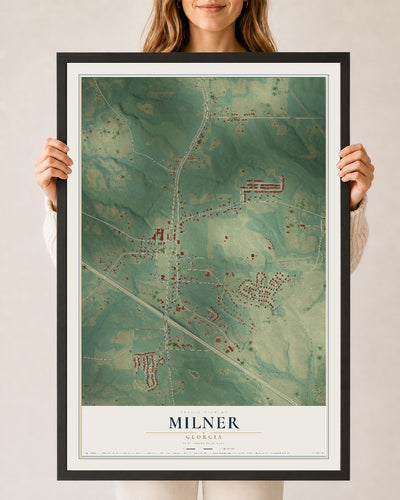 Milner, Georgia map print, 24" x 36" W/ Black Ayous Wood Frame mockup