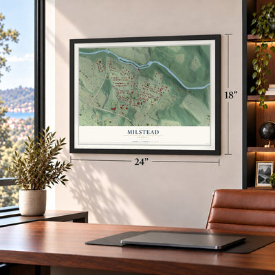 Milstead, Georgia map, 18 x 24 inch print in a black frame in a home office