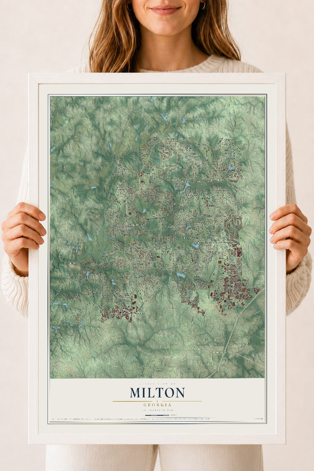 Milton, Georgia map print, 18" x 24" W/ White Ayous Wood Frame mockup