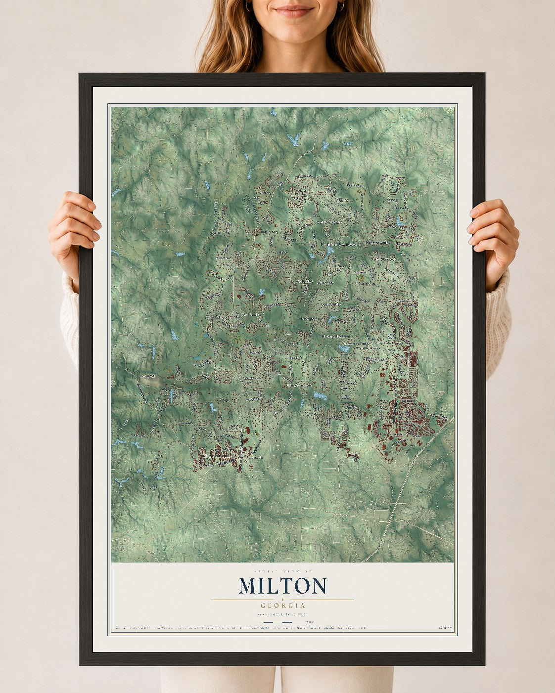 Milton, Georgia map print, 24" x 36" W/ Black Ayous Wood Frame mockup