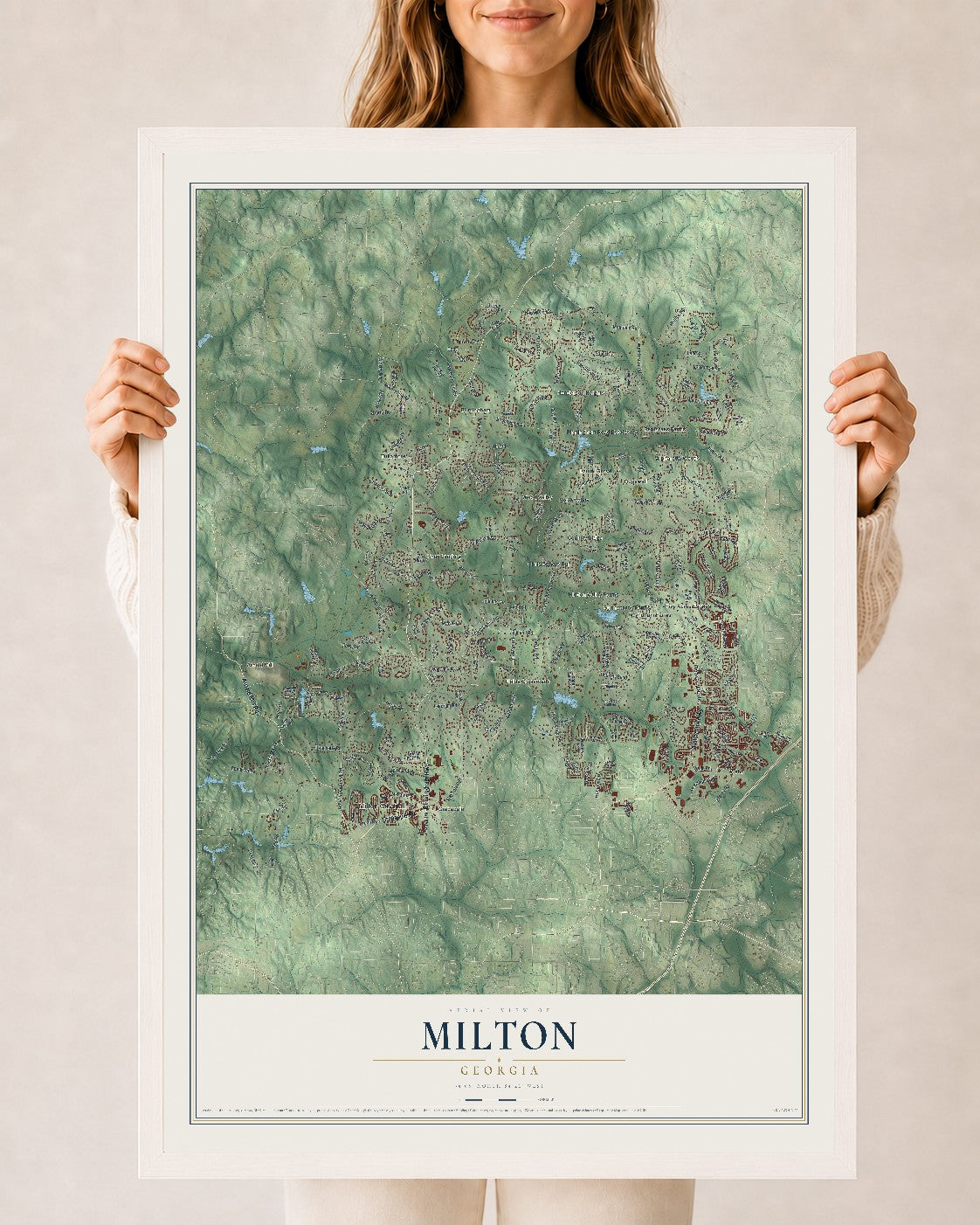 Milton, Georgia map print, 24" x 36" W/ White Ayous Wood Frame mockup