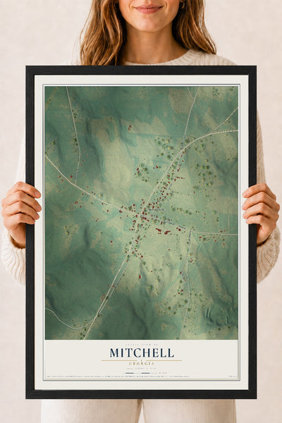 Mitchell, Georgia map print, 18" x 24" W/ Black Ayous Wood Frame mockup