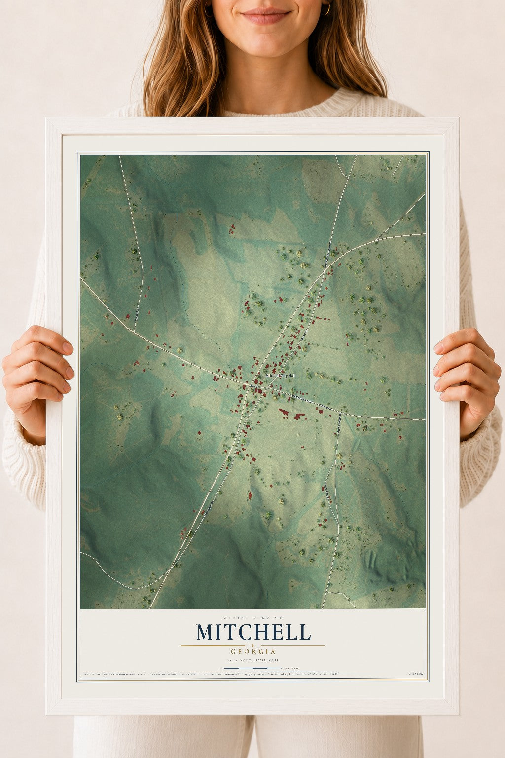 Mitchell, Georgia map print, 18" x 24" W/ White Ayous Wood Frame mockup