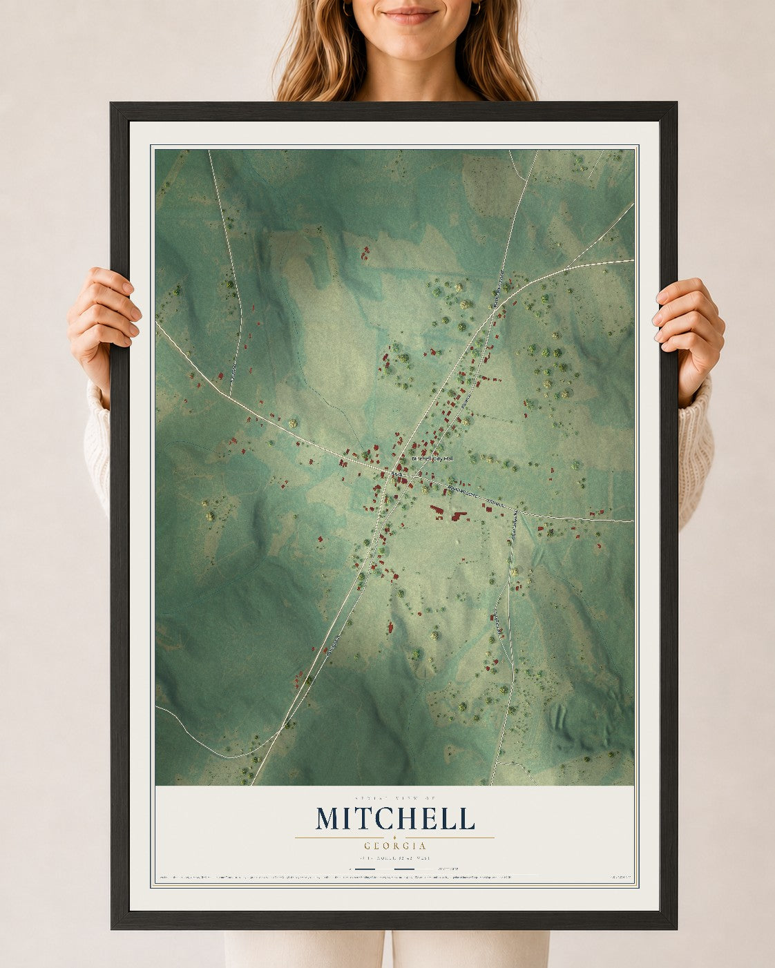 Mitchell, Georgia map print, 24" x 36" W/ Black Ayous Wood Frame mockup