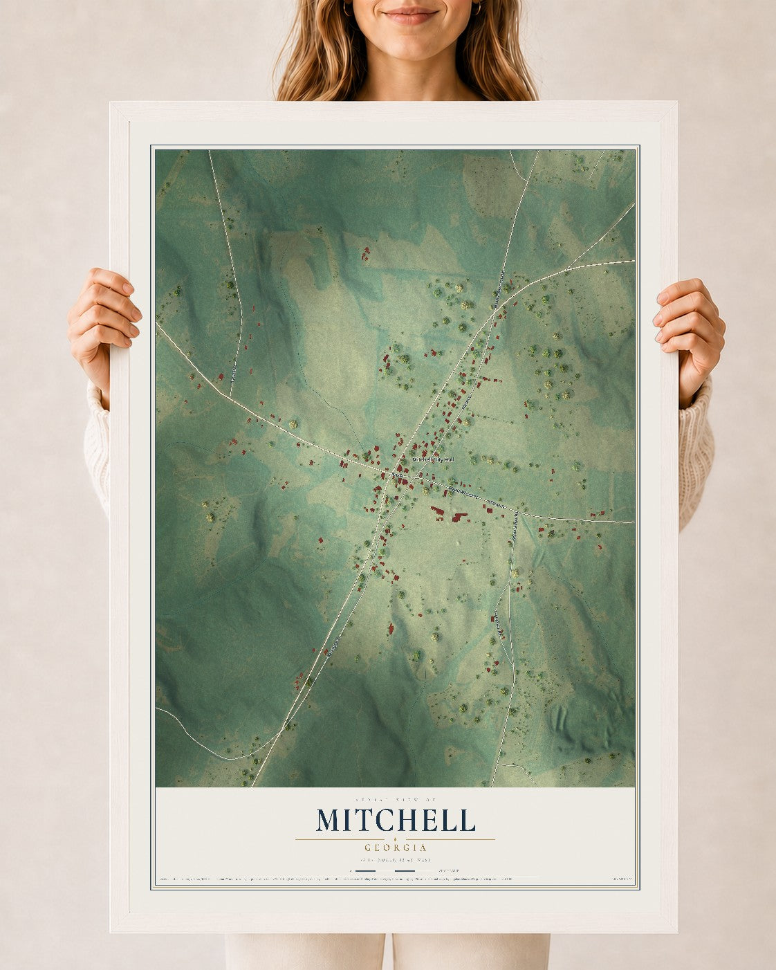 Mitchell, Georgia map print, 24" x 36" W/ White Ayous Wood Frame mockup