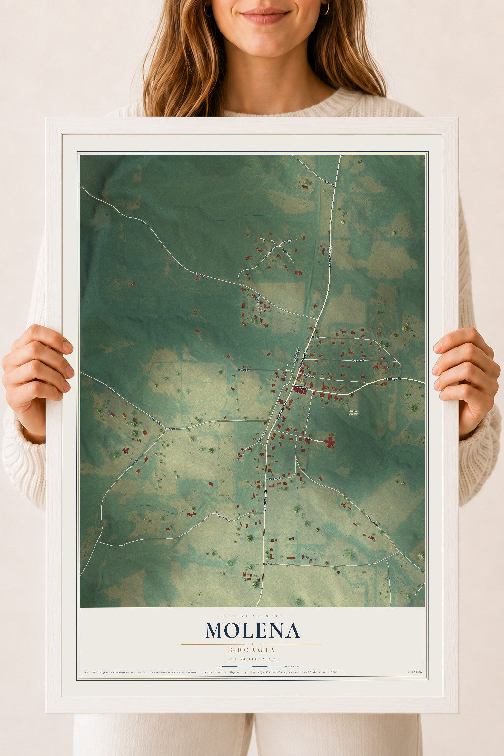 Molena, Georgia map print, 18" x 24" W/ White Ayous Wood Frame mockup