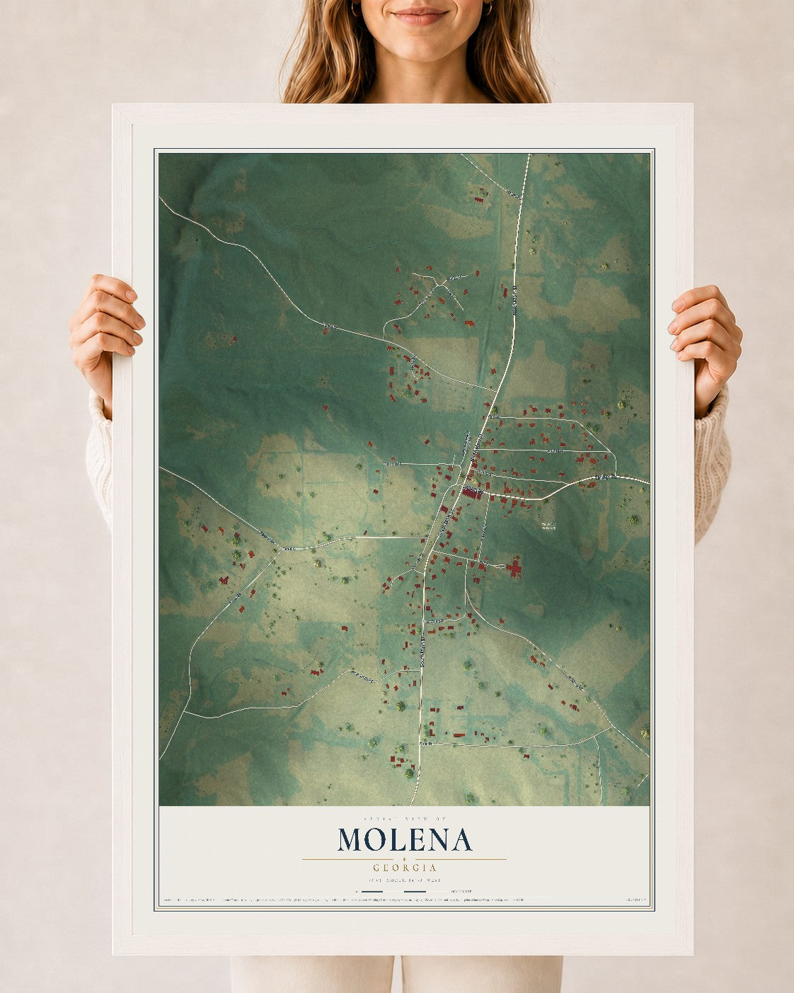 Molena, Georgia map print, 24" x 36" W/ White Ayous Wood Frame mockup