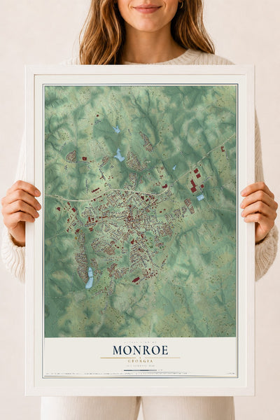 Monroe, Georgia map print, 18" x 24" W/ White Ayous Wood Frame mockup