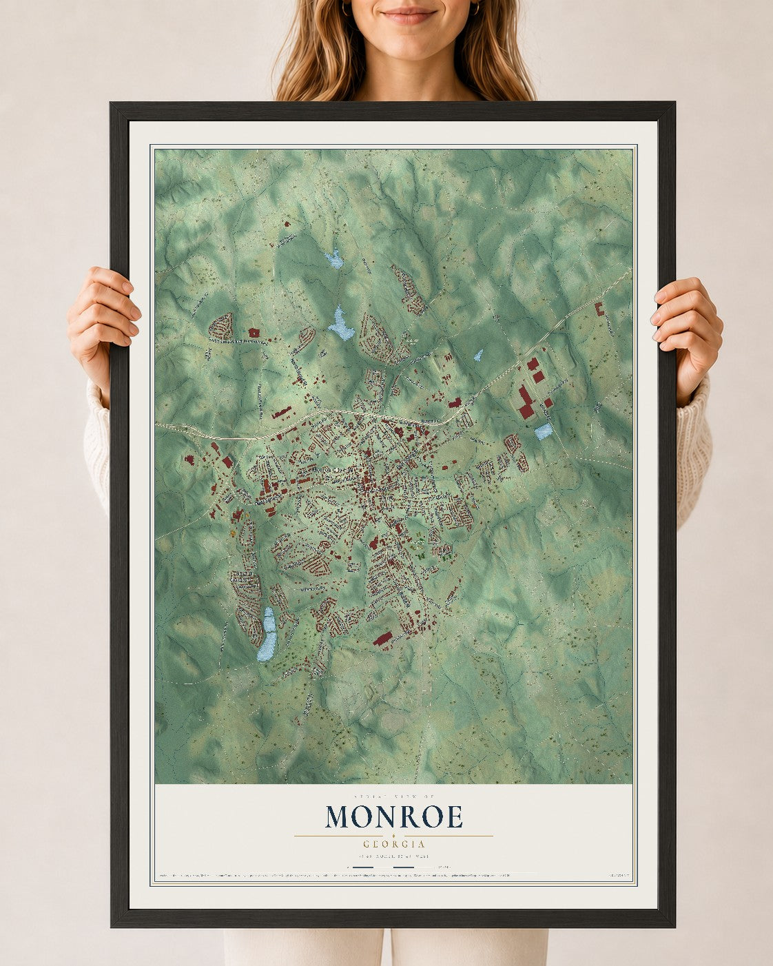 Monroe, Georgia map print, 24" x 36" W/ Black Ayous Wood Frame mockup