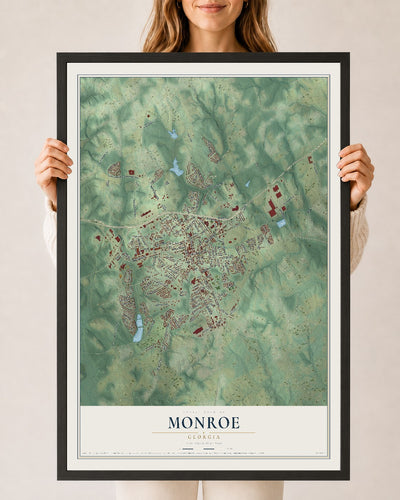 Monroe, Georgia map print, 24" x 36" W/ Black Ayous Wood Frame mockup