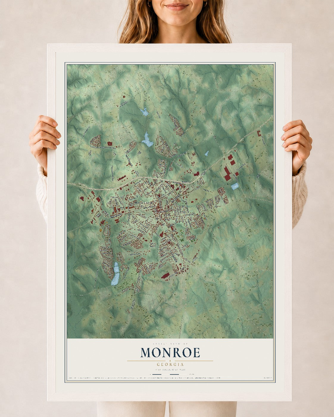 Monroe, Georgia map print, 24" x 36" W/ White Ayous Wood Frame mockup
