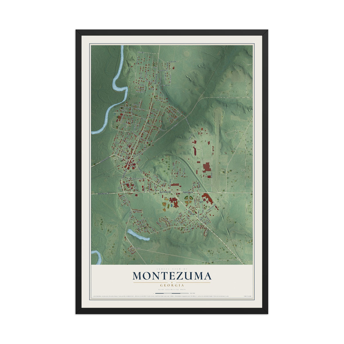 Montezuma, Georgia map print, 12" x 18" W/ Black Ayous Wood Frame mockup