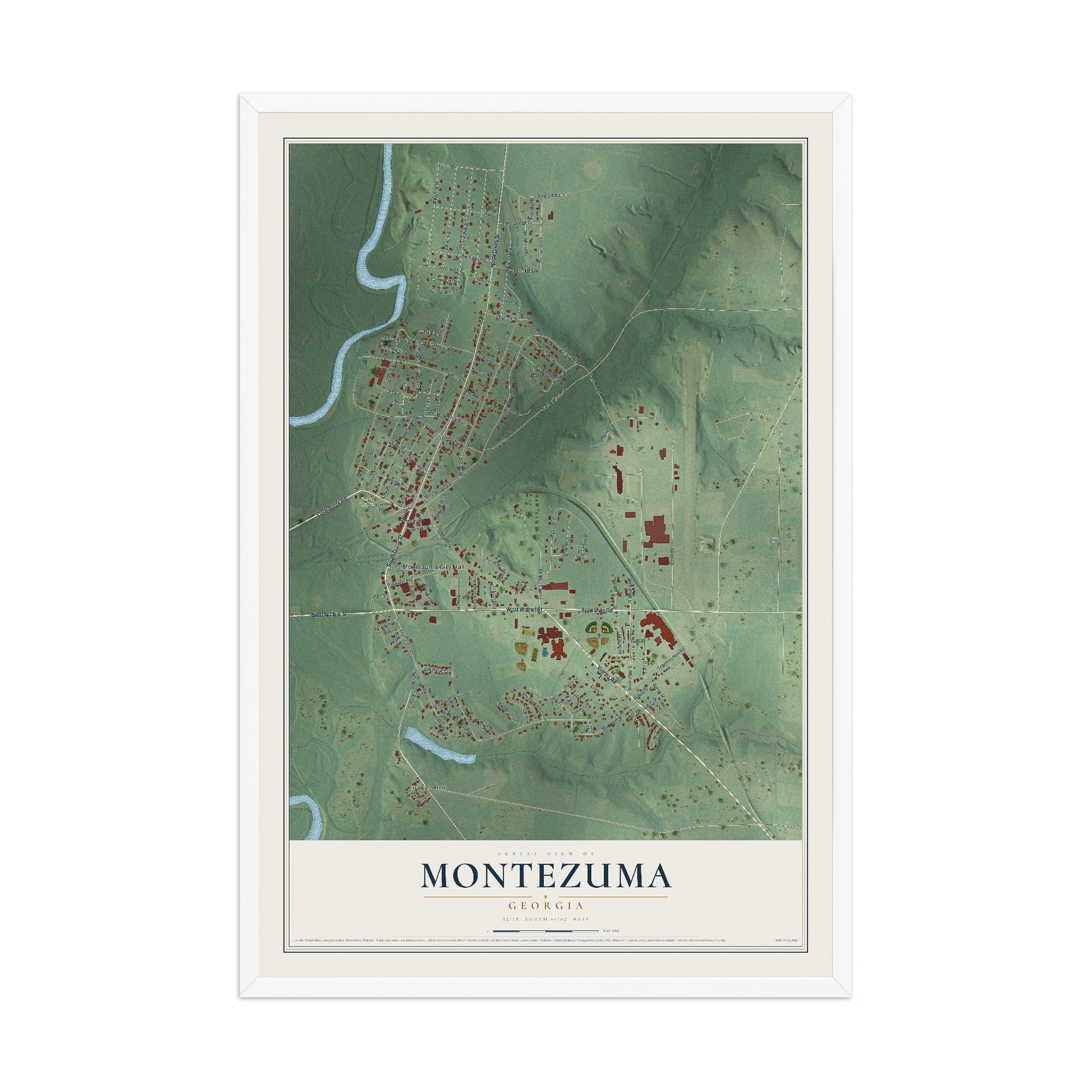 Montezuma, Georgia map print, 12" x 18" W/ White Ayous Wood Frame mockup