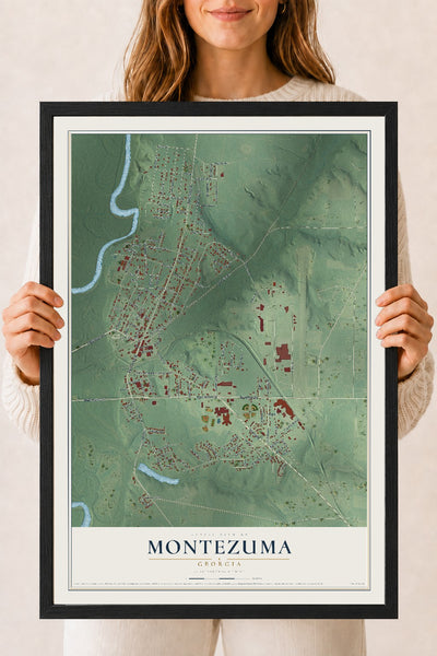 Montezuma, Georgia map print, 18" x 24" W/ Black Ayous Wood Frame mockup
