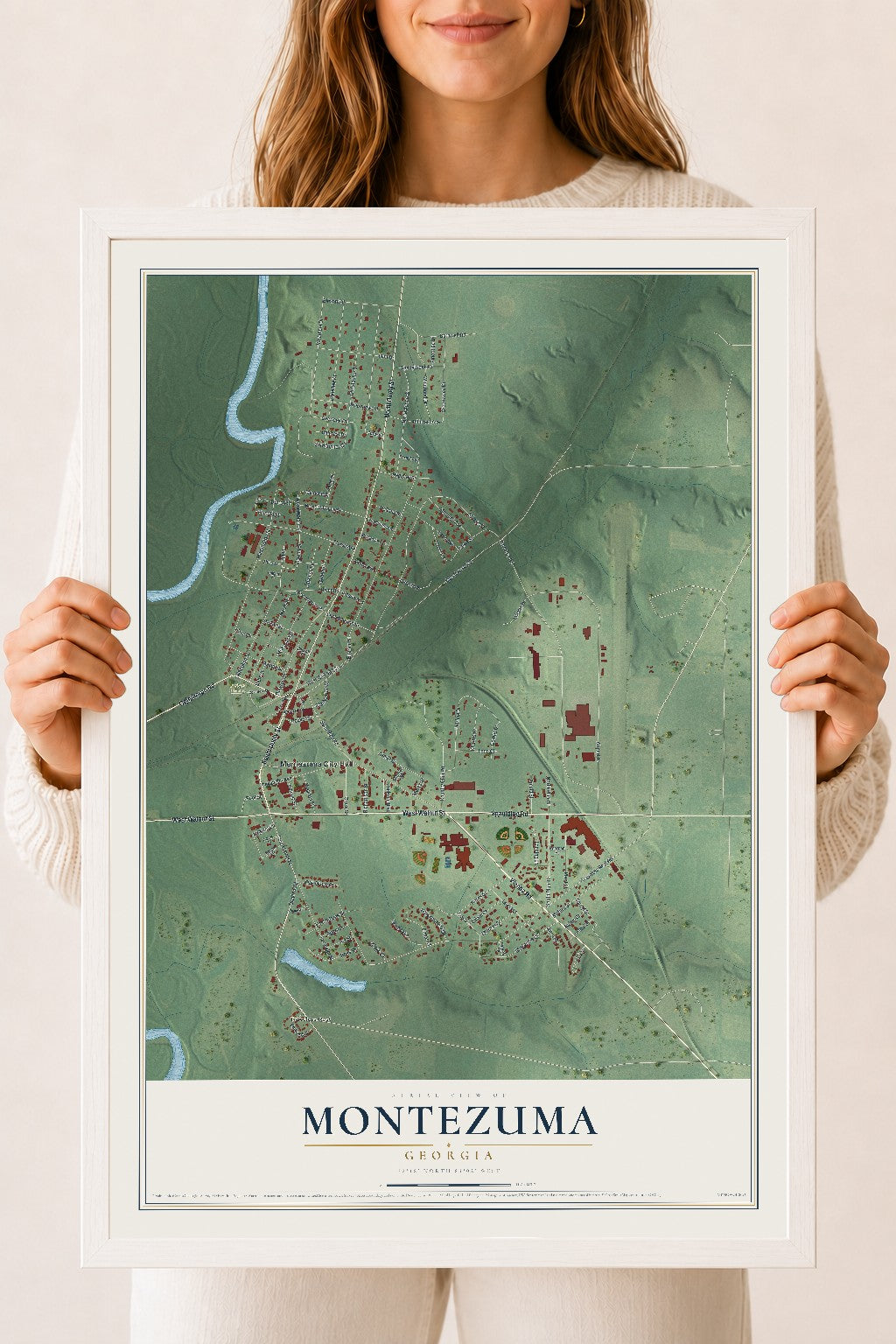 Montezuma, Georgia map print, 18" x 24" W/ White Ayous Wood Frame mockup