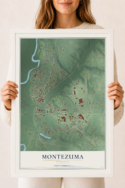 Montezuma, Georgia map print, 18" x 24" W/ White Ayous Wood Frame mockup