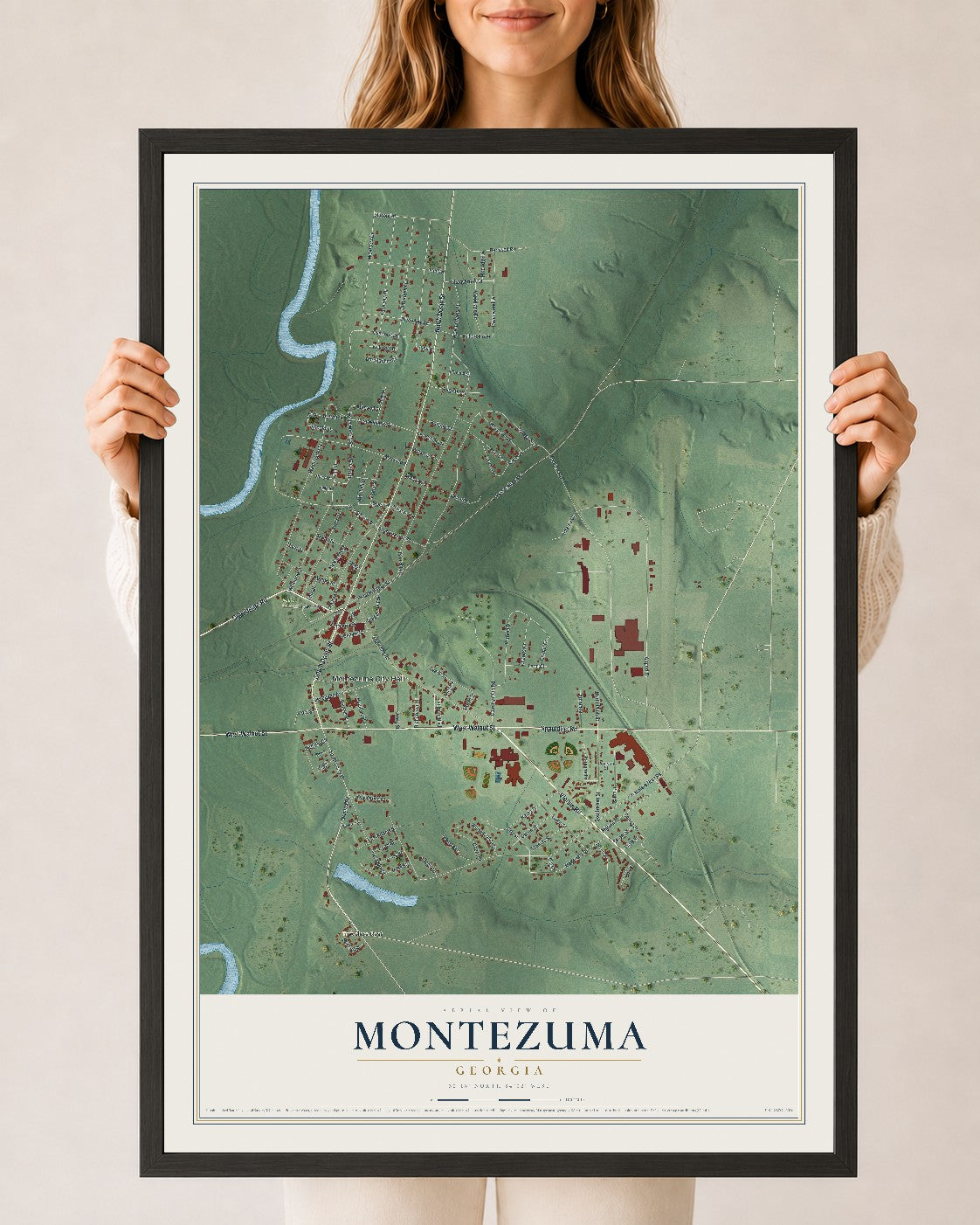 Montezuma, Georgia map print, 24" x 36" W/ Black Ayous Wood Frame mockup