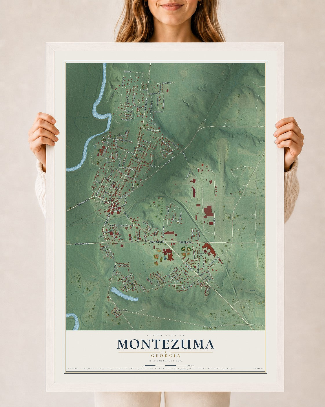 Montezuma, Georgia map print, 24" x 36" W/ White Ayous Wood Frame mockup