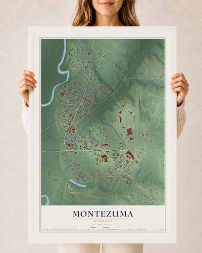 Montezuma, Georgia map print, 24" x 36" W/ White Ayous Wood Frame mockup
