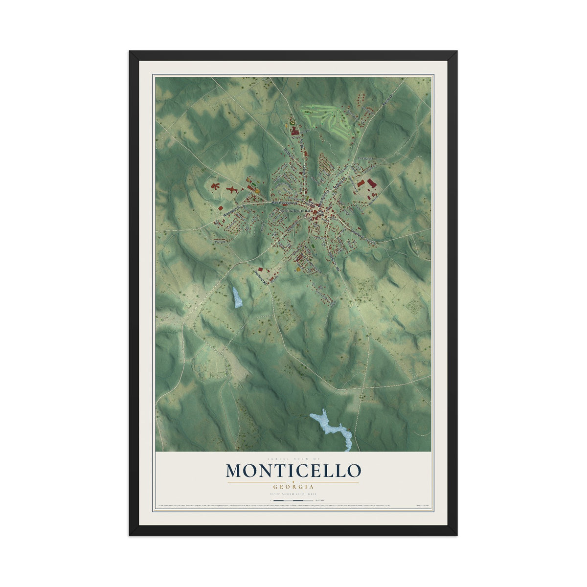 Monticello, Georgia map print, 12" x 18" W/ Black Ayous Wood Frame mockup