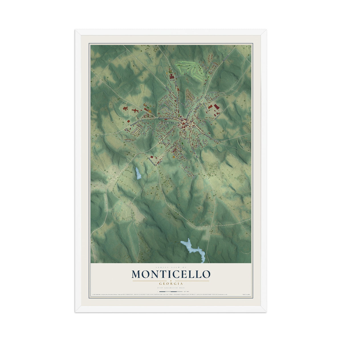 Monticello, Georgia map print, 12" x 18" W/ White Ayous Wood Frame mockup